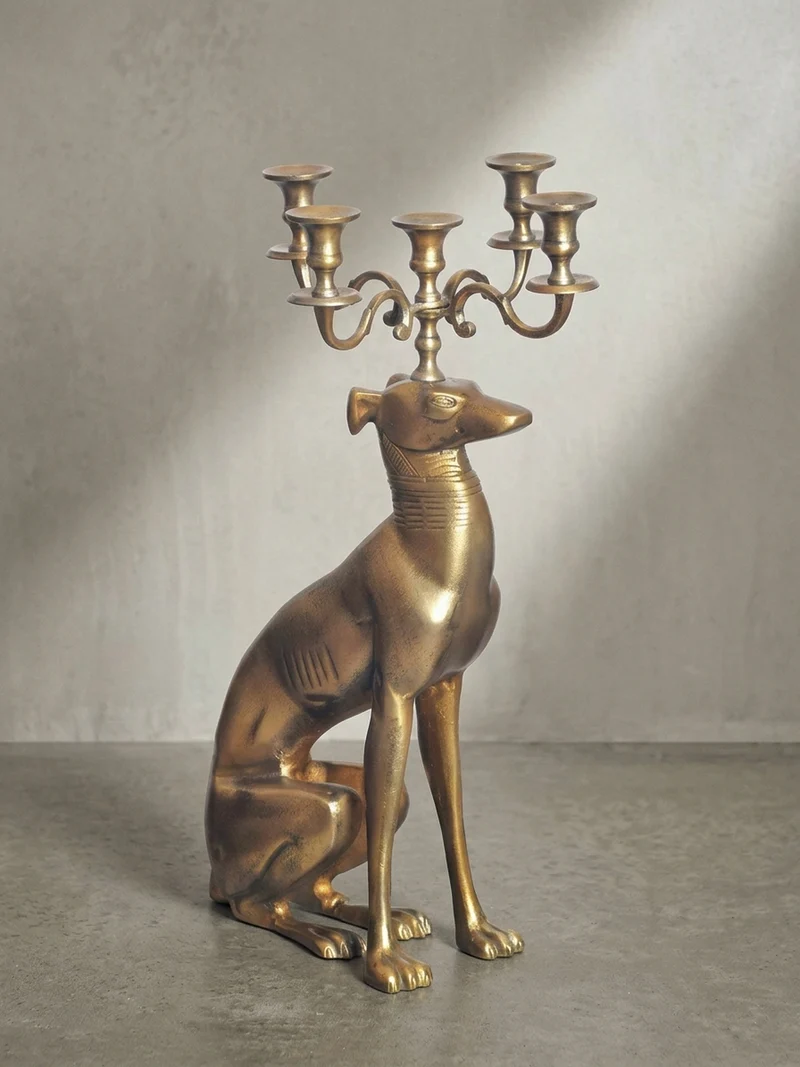 Dekofigur Kerzenhalter Windhund Aluminium Gold 69 cm mit 5 Armen