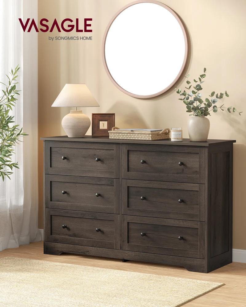 VASAGLE 6-Drawer Dresser, Engineered Wood Chest of Drawers, Large Capacity Storage Cabinet, 47.2 x 15.7 x 30.7 in, Taupe Brown, Siren Collection