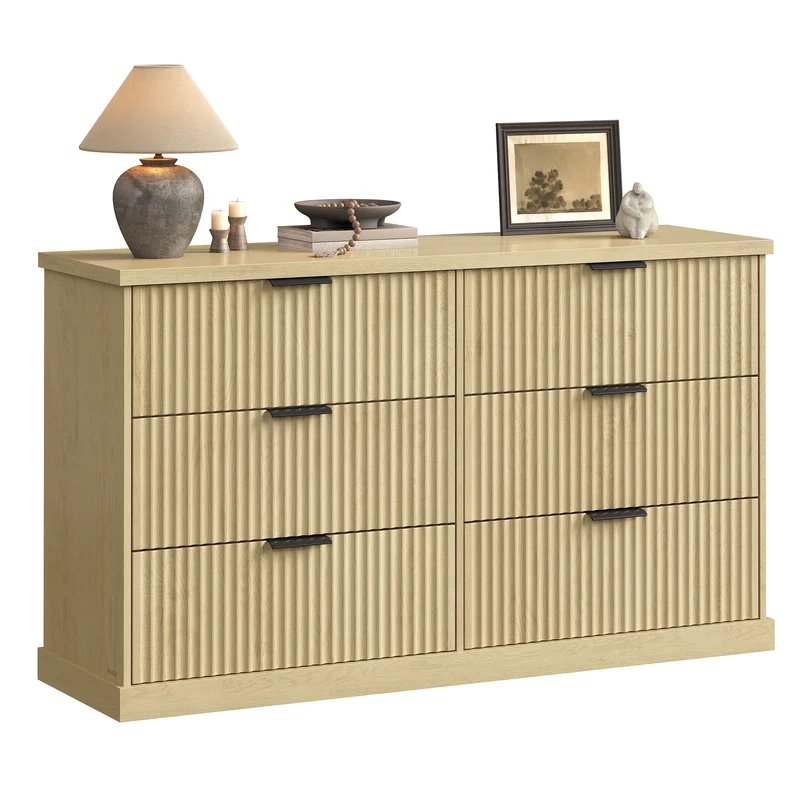 VASAGLE 6-Drawer Double Dresser for Bedroom, 54.2" Wide Chest of Drawers with Fluted Panels, Transitional Storage Dresser, Beige