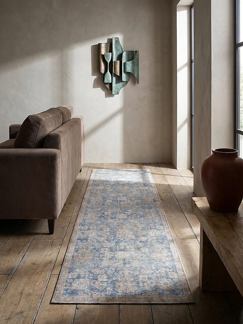 Flachgewebe-Teppich Vintage-Blüten · Blau · waschbar