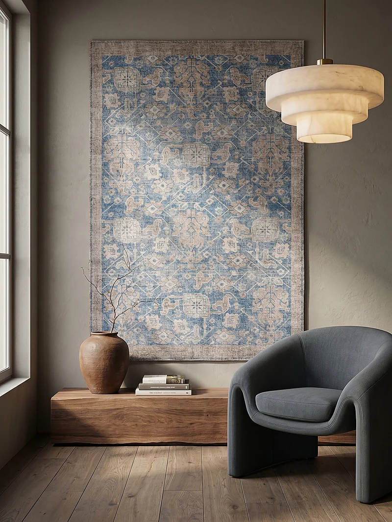 Flachgewebe-Teppich Vintage-Blüten · Blau · waschbar