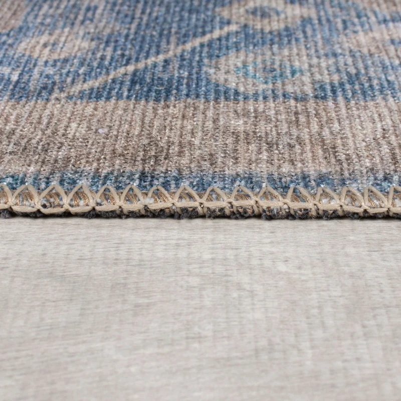 Flachgewebe-Teppich Vintage-Blüten · Blau · waschbar