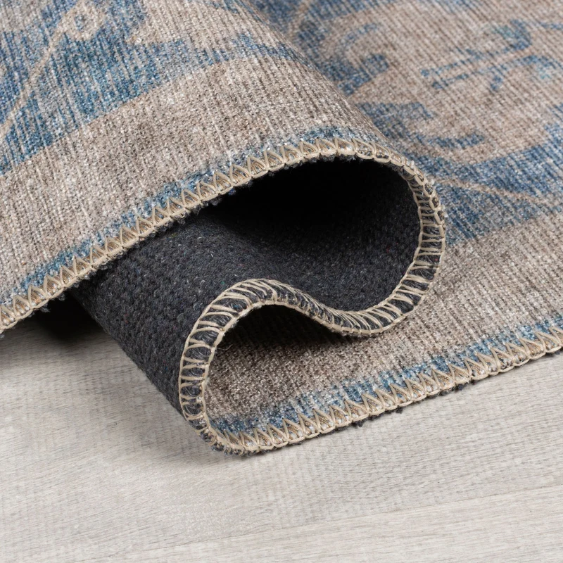 Flachgewebe-Teppich Vintage-Blüten · Blau · waschbar