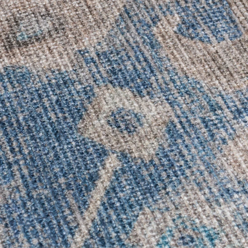Flachgewebe-Teppich Vintage-Blüten · Blau · waschbar
