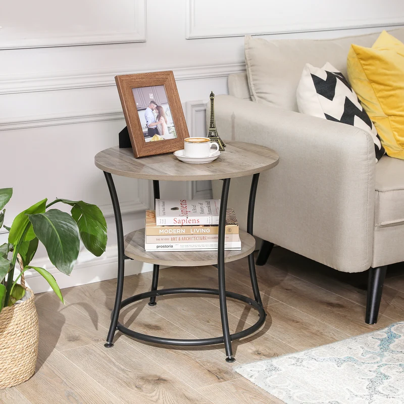 VASAGLE Side Table, Round End Table with 2 Storage Shelves for Living Room, Bedroom, Nightstand, Accent Coffee Table, Greige and Ink Black