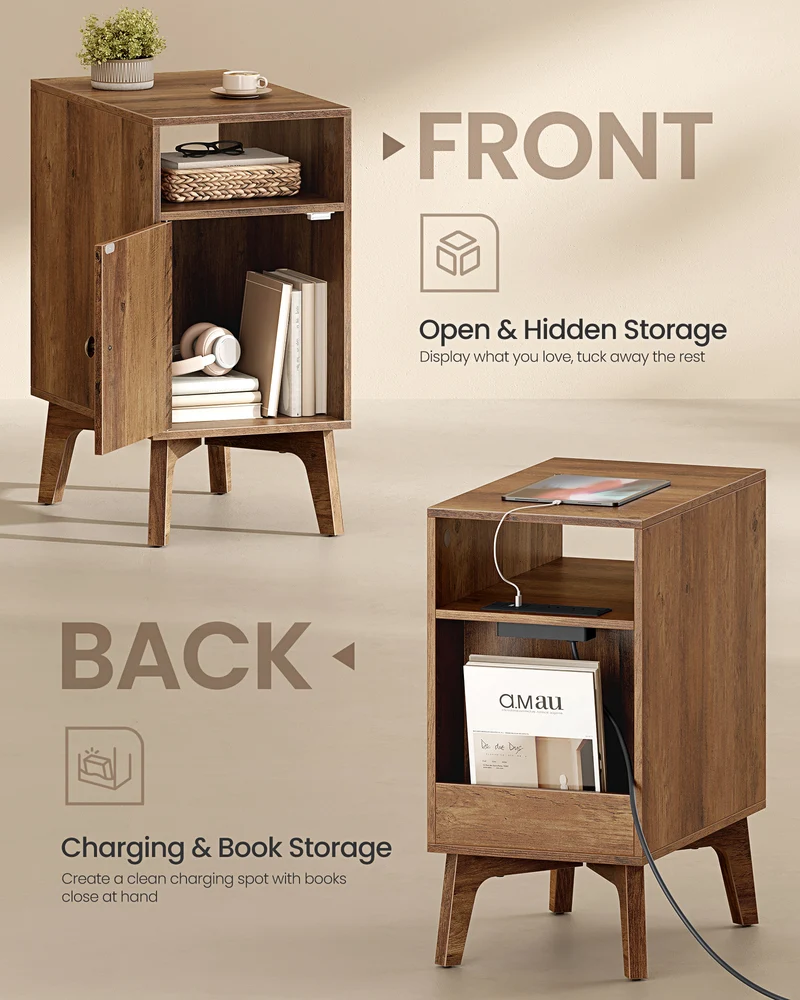 VASAGLE End Table with Charging Station, Narrow Side Table, Nightstand with Tapered Legs, Curved Transitions, for Small Spaces, Honey Brown