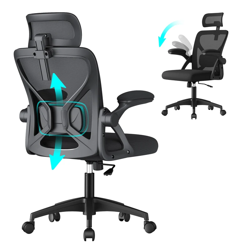 VASAGLE Ergonomic Mesh Office Chair with Adjustable Lumbar Support and Headrest, 90-105 Tilt Function, Wide Seat, Flip-Up Armrests, Ink Black