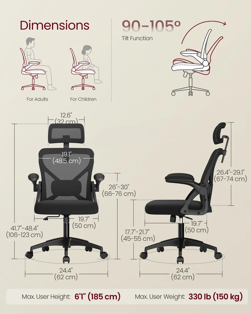 VASAGLE Ergonomic Mesh Office Chair with Adjustable Lumbar Support and Headrest, 90-105 Tilt Function, Wide Seat, Flip-Up Armrests, Ink Black