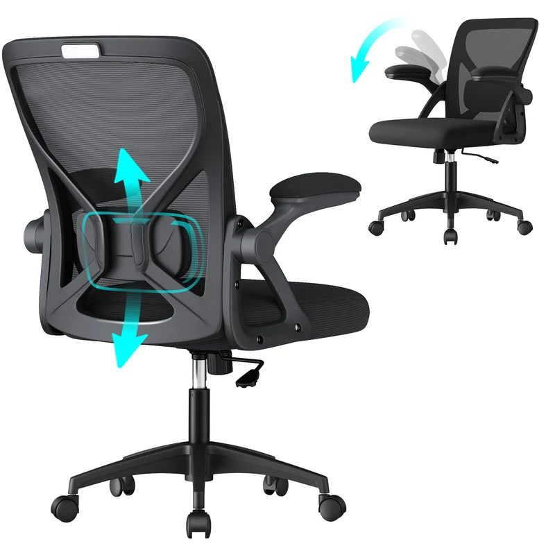VASAGLE Ergonomic Mesh Office Chair with Adjustable Lumbar Support, 90-105 Tilt Function, Wide Seat, Flip-Up Armrests, Ink Black