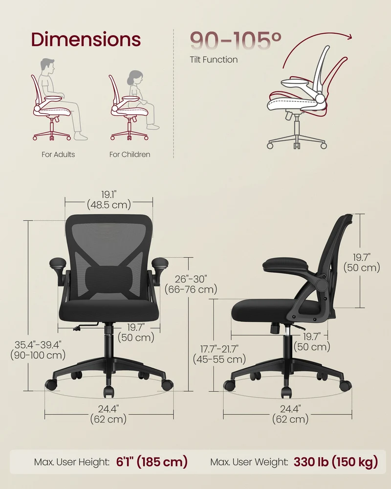 VASAGLE Ergonomic Mesh Office Chair with Adjustable Lumbar Support, 90-105 Tilt Function, Wide Seat, Flip-Up Armrests, Ink Black