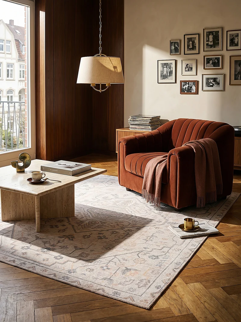 Flachgewebe-Teppich Medaillon · Beige · waschbar