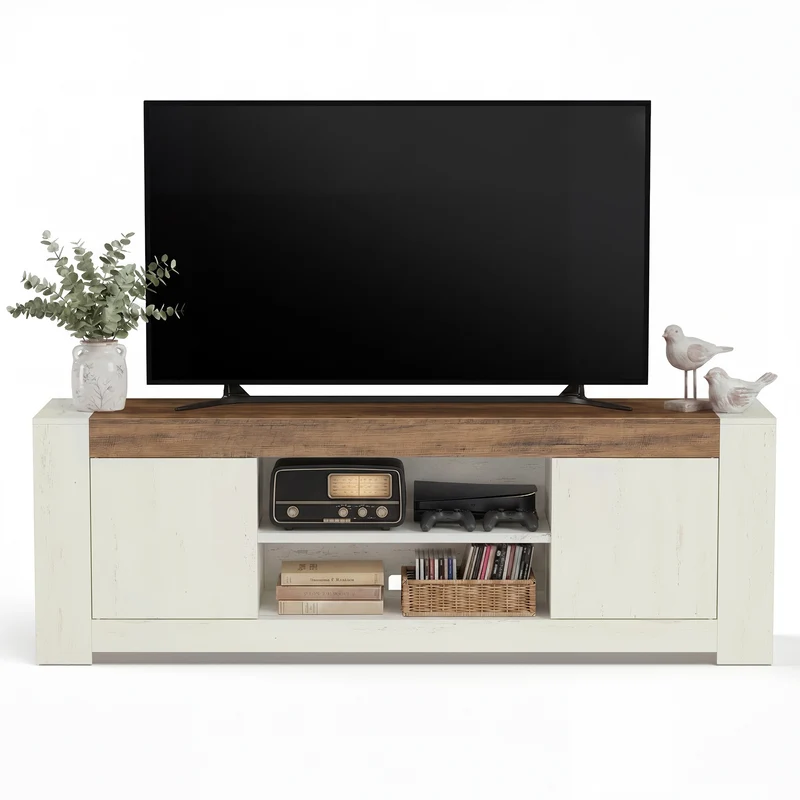 VASAGLE TV Stand, Farmhouse Entertainment Center with Storage Cabinets, Media Console Table for 80 Inch TV, Rustic White and Honey Brown