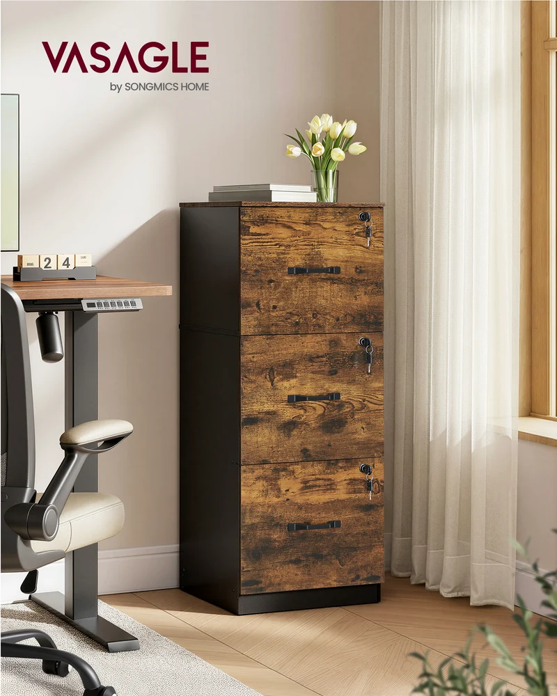3 Drawer File Cabinet with Lock, Printer Stand, Office Filing Cabinet Organizer, Brown