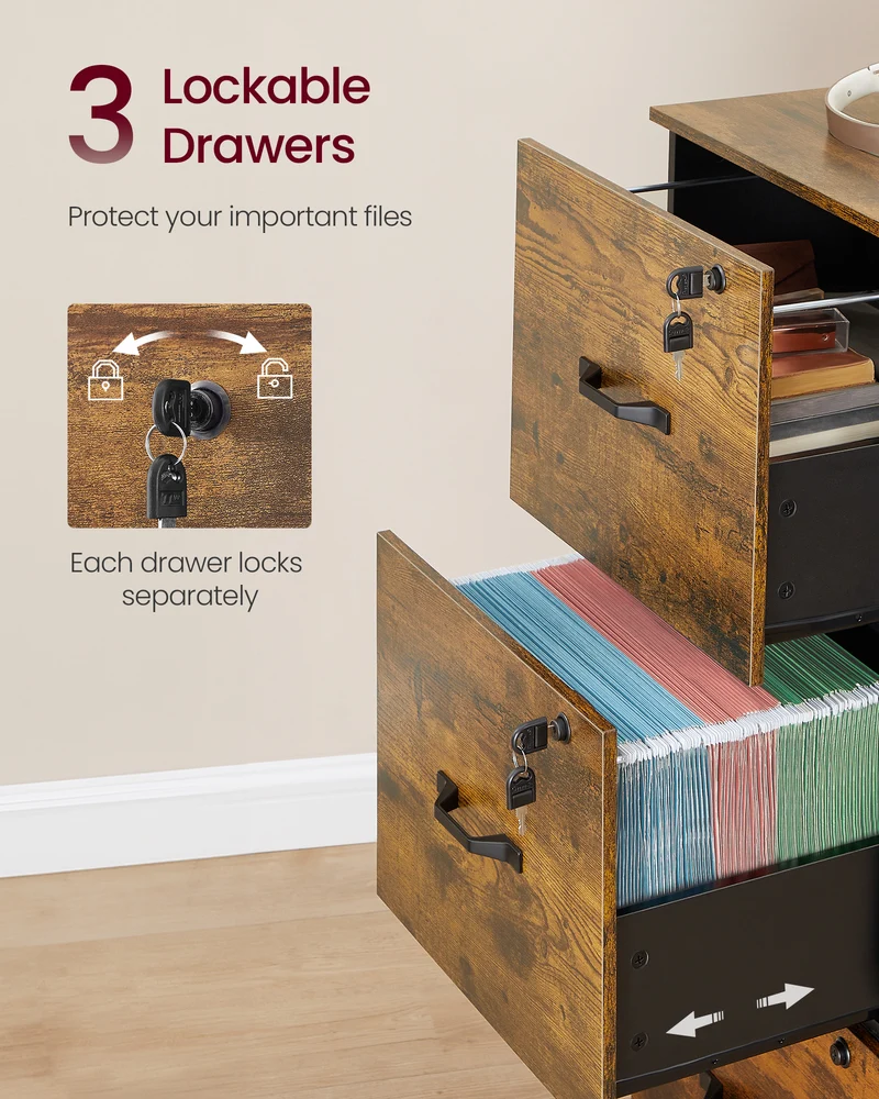 3 Drawer File Cabinet with Lock, Printer Stand, Office Filing Cabinet Organizer, Brown