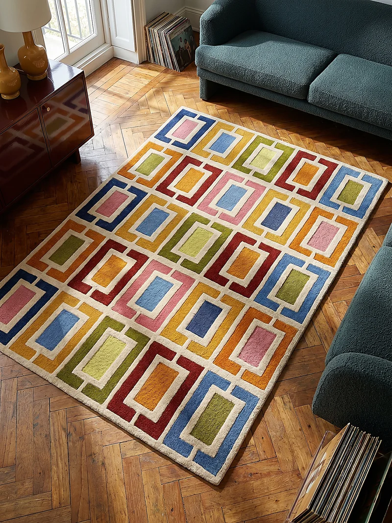 Wollteppich Geometrisch, Retro-Stil, Wohnzimmer