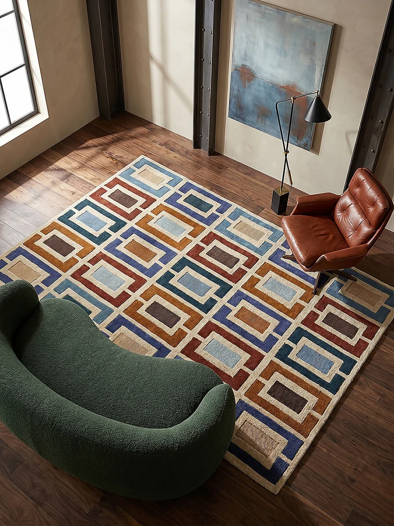Wollteppich Geometrisch, Retro-Stil, Wohnzimmer