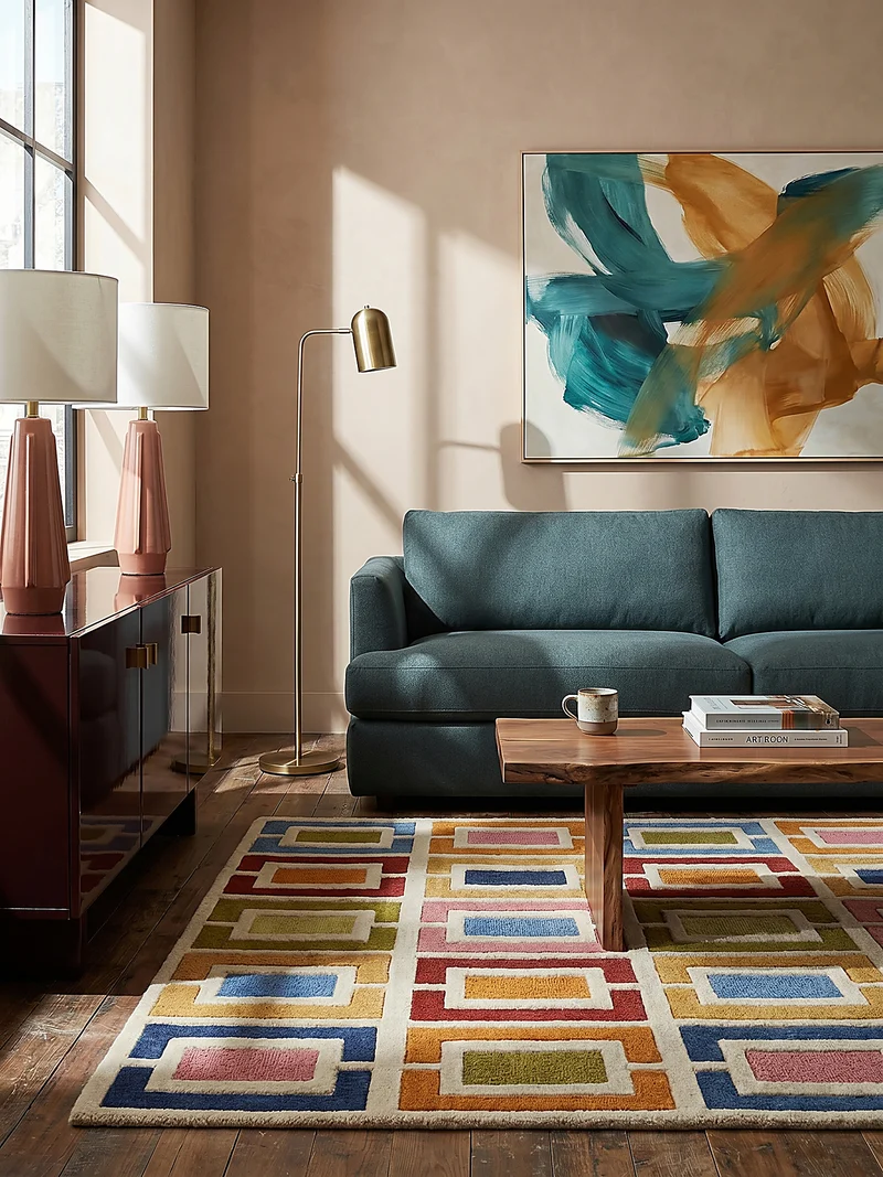 Wollteppich Geometrisch, Retro-Stil, Wohnzimmer