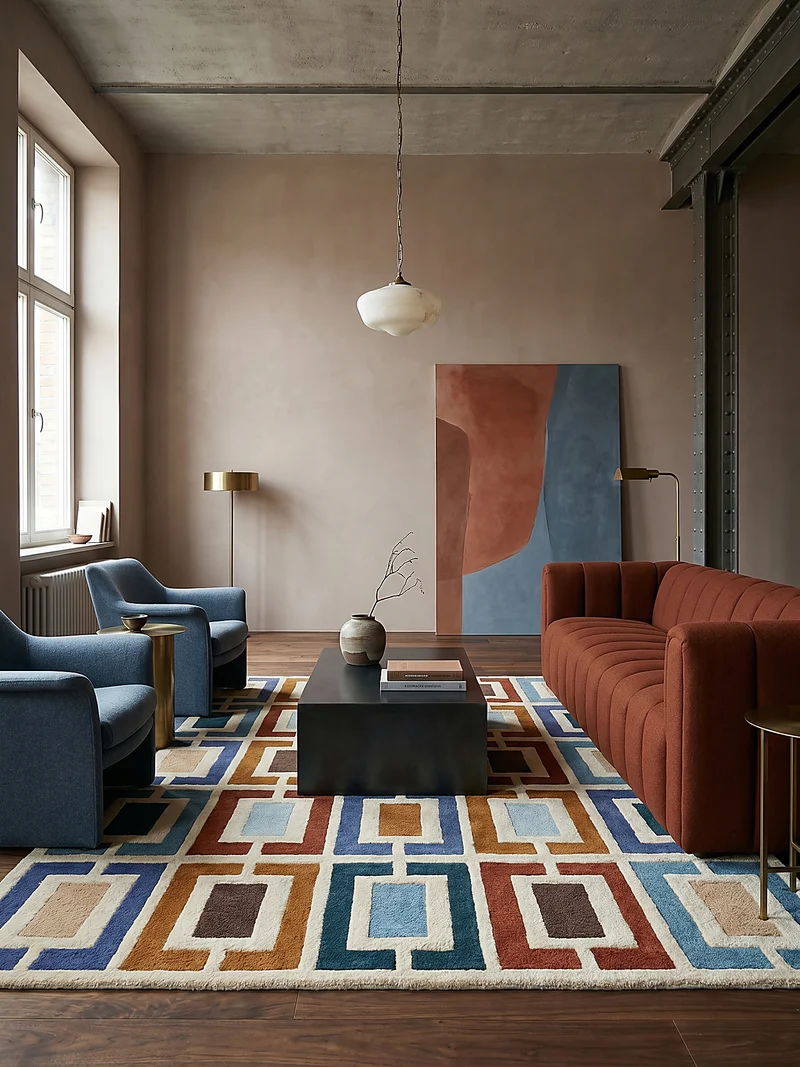 Wollteppich Geometrisch, Retro-Stil, Wohnzimmer