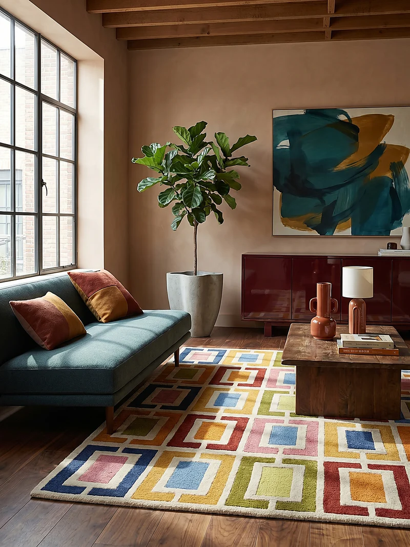 Wollteppich Geometrisch, Retro-Stil, Wohnzimmer