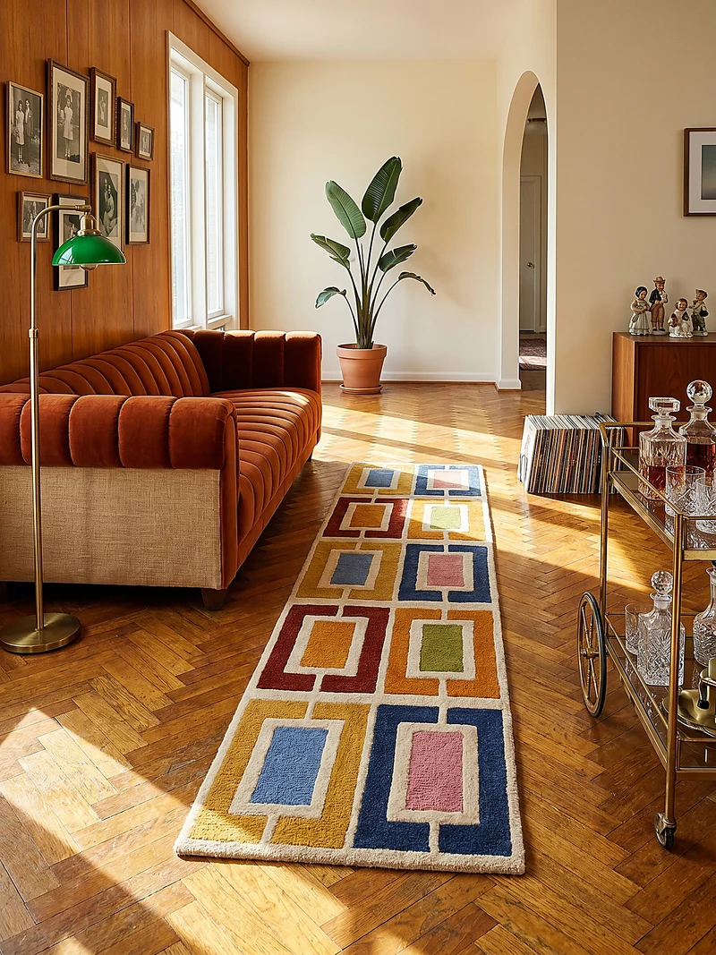 Wollteppich Geometrisch, Retro-Stil, Wohnzimmer