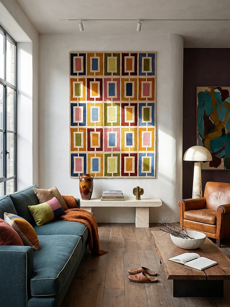Wollteppich Geometrisch, Retro-Stil, Wohnzimmer