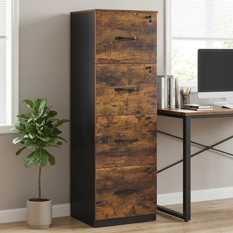 VASAGLE 4-Drawer Vertical File Cabinet, Filing Cabinet, with 4 Lockable Drawers, Adjustable Hanging Rail, for A4 and Letter-Size Files, Rustic Brown