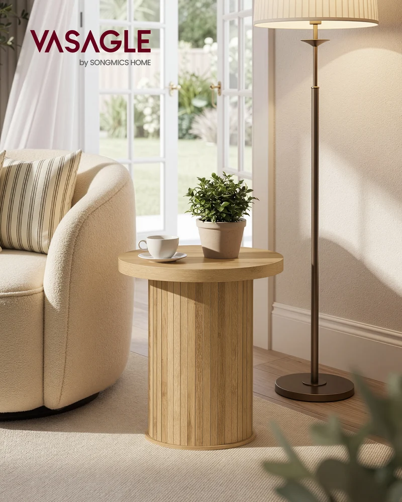 VASAGLE Round Side Table, Tambour End Table, Mid Century Modern Nightstand, Easy Assembly, for Small Spaces, 17.7 x 19.7 Inches, Natural Brown