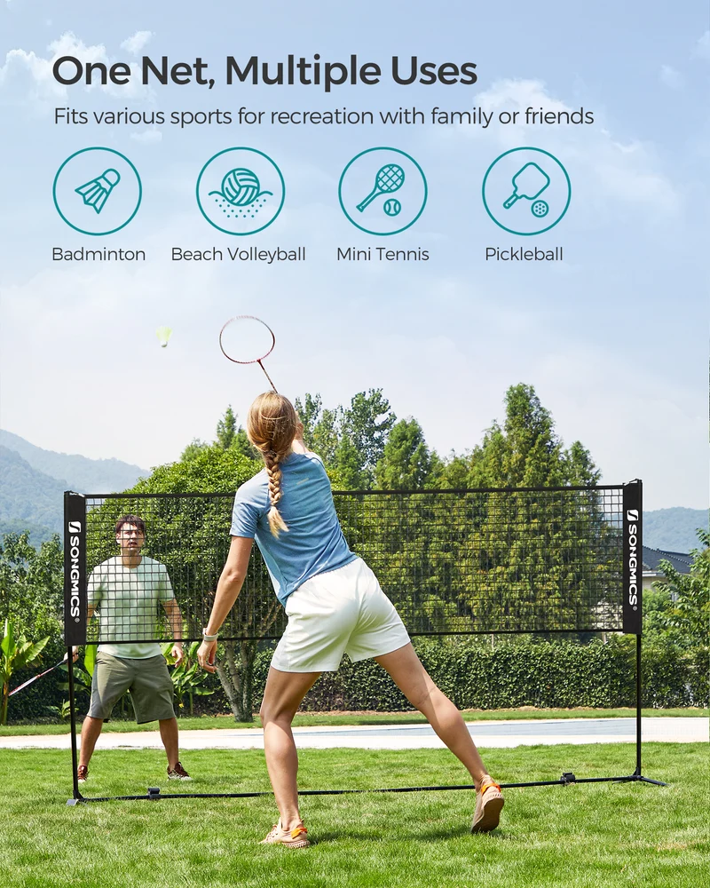 SONGMICS Adjustable 10ft Badminton Volleyball Pickleball Net for Kids Adults, Portable Nylon Training Net with Poles, Indoor Outdoor Sports, Black