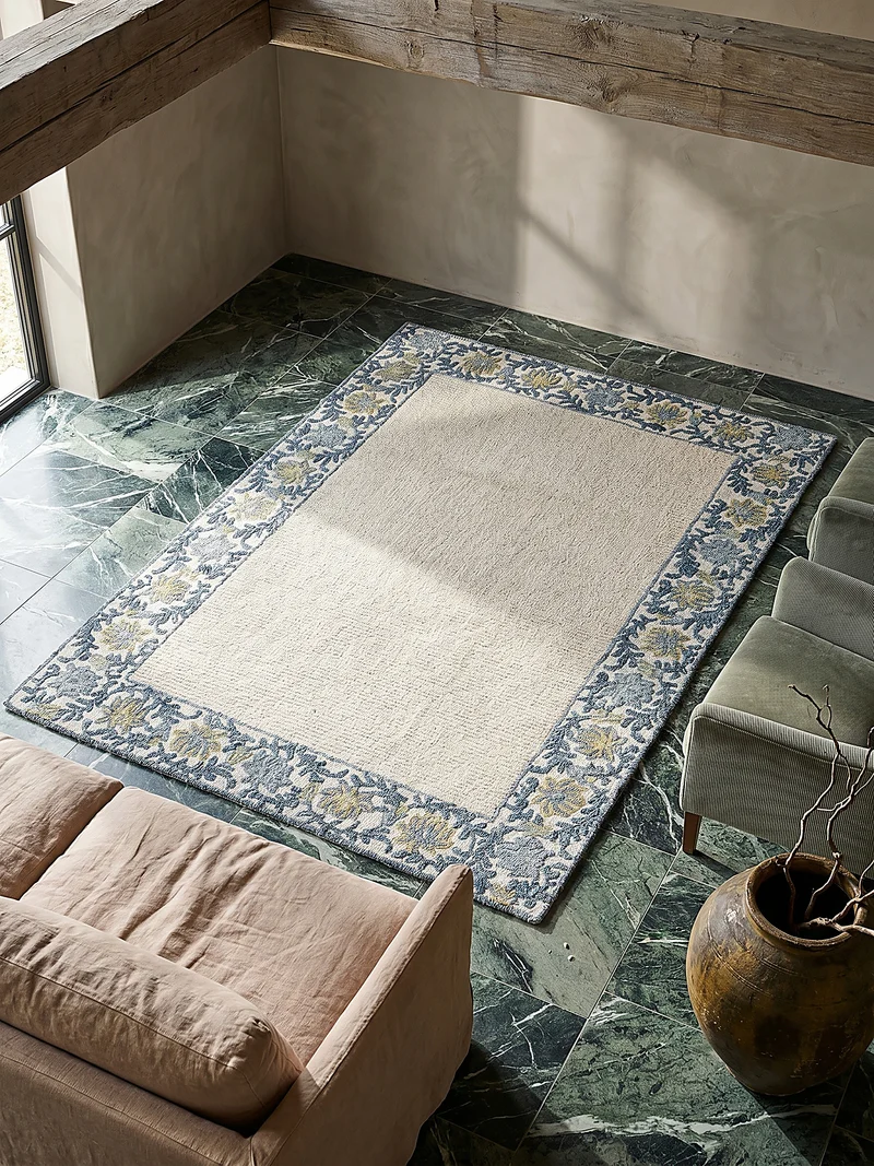 Teppich Kurzflor Unifarben, Floral Bordüre, Wohnzimmer