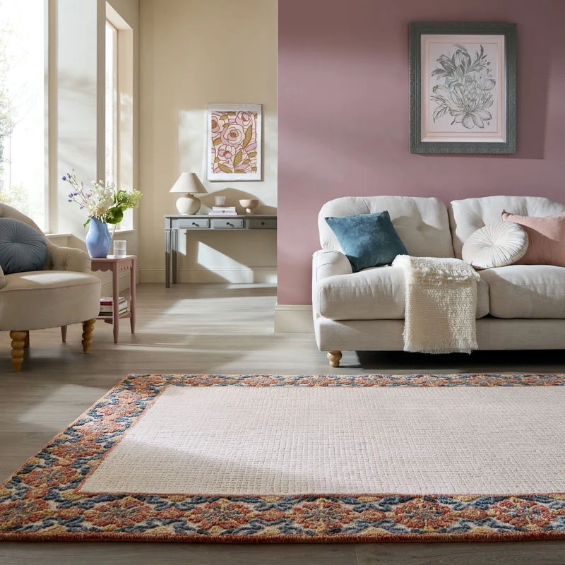 Teppich Kurzflor Unifarben, Floral Bordüre, Wohnzimmer