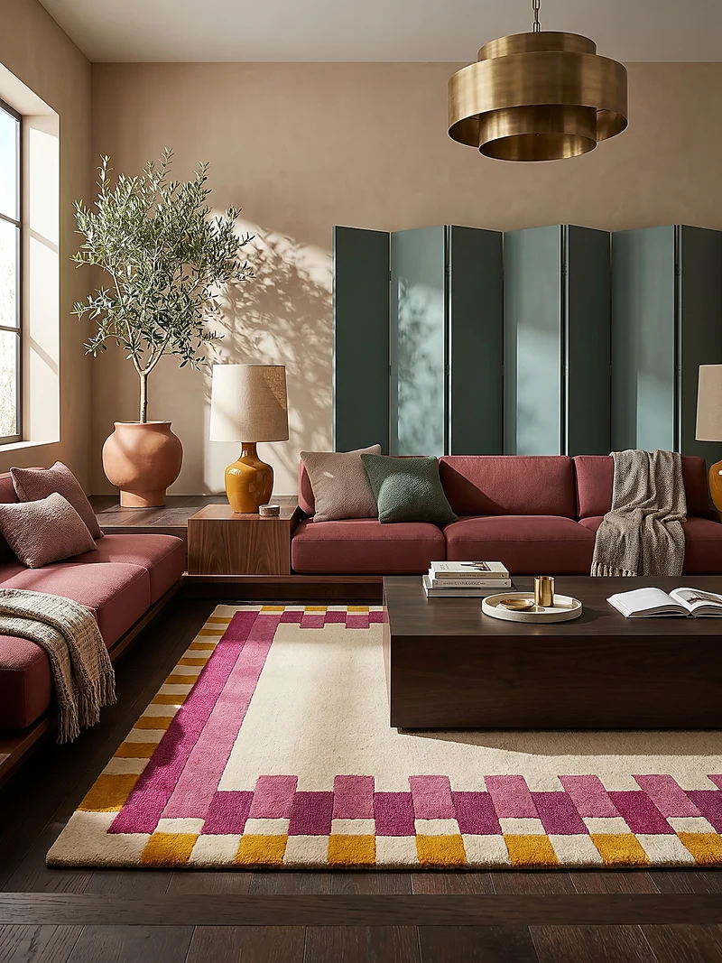 Wollteppich Geometrisches Muster, Rahmen, Wohnzimmer schmutzabweisend
