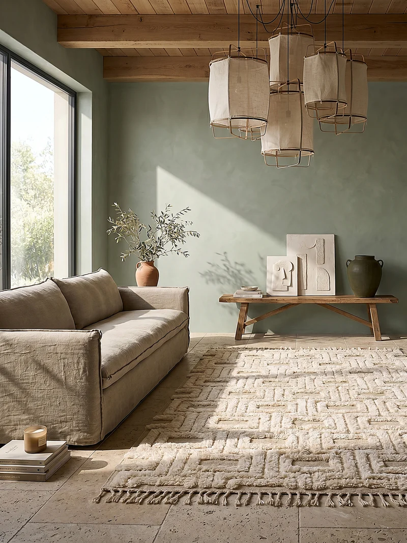 Wollteppich, Hoch-Tief Struktur Geometrisch, mit Fransen, Wohnzimmer