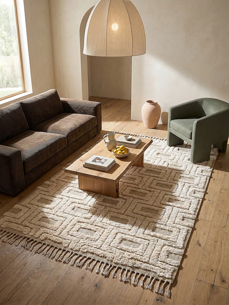 Wollteppich, Hoch-Tief Struktur Geometrisch, mit Fransen, Wohnzimmer