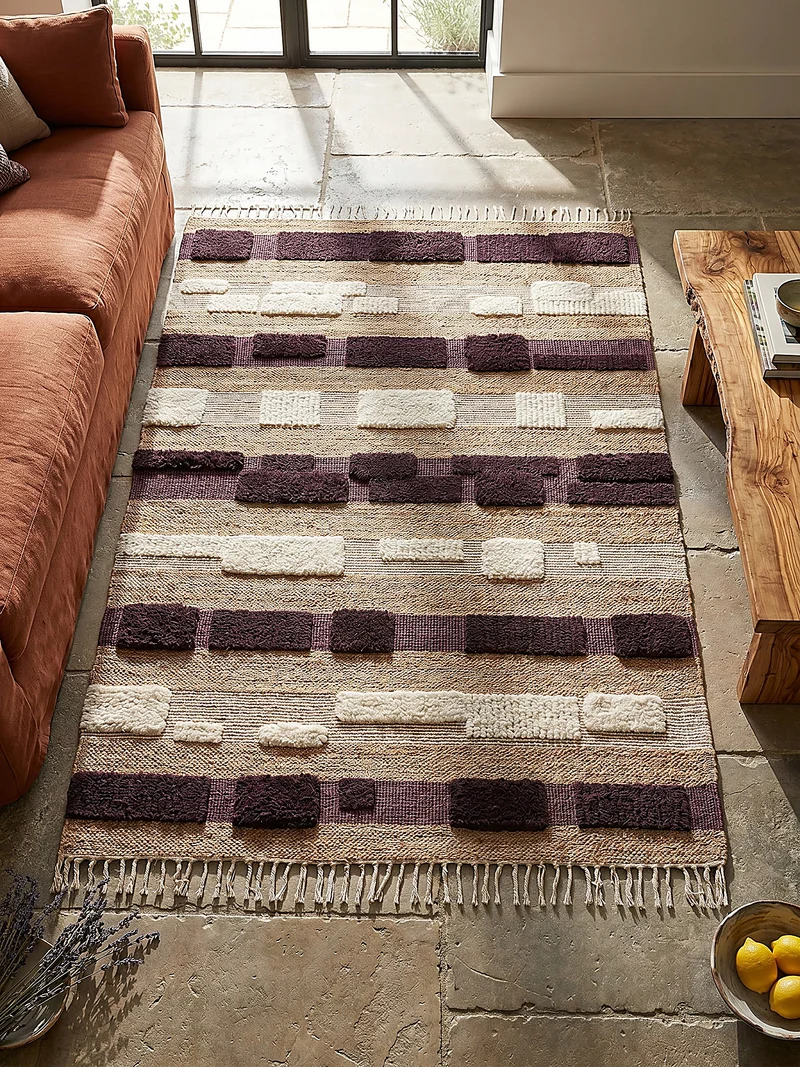 Teppich Hoch-Tief Struktur Gestreift, Patchwork-Optik, mit Fransen wendbar, Esszimmer schmutzabweisend