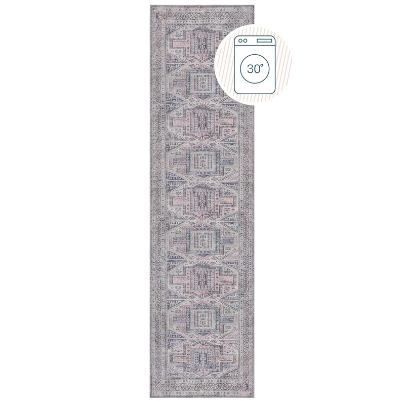 Flachgewebe-Teppich Vintage-Geometrie · Grau-Rosa · waschbar