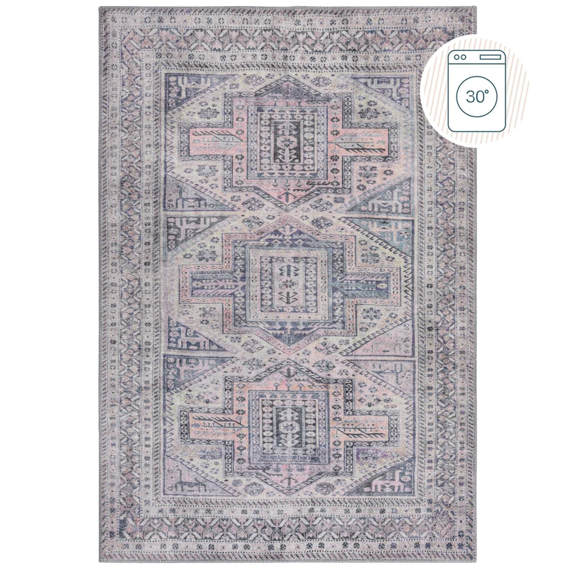 Flachgewebe-Teppich Vintage-Geometrie · Grau-Rosa · waschbar