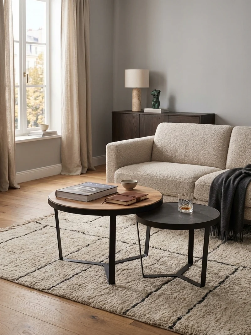 Couchtisch Set rund – Akazie Massivholz, Steinoptik, Metallgestell, Braun-Anthrazit
