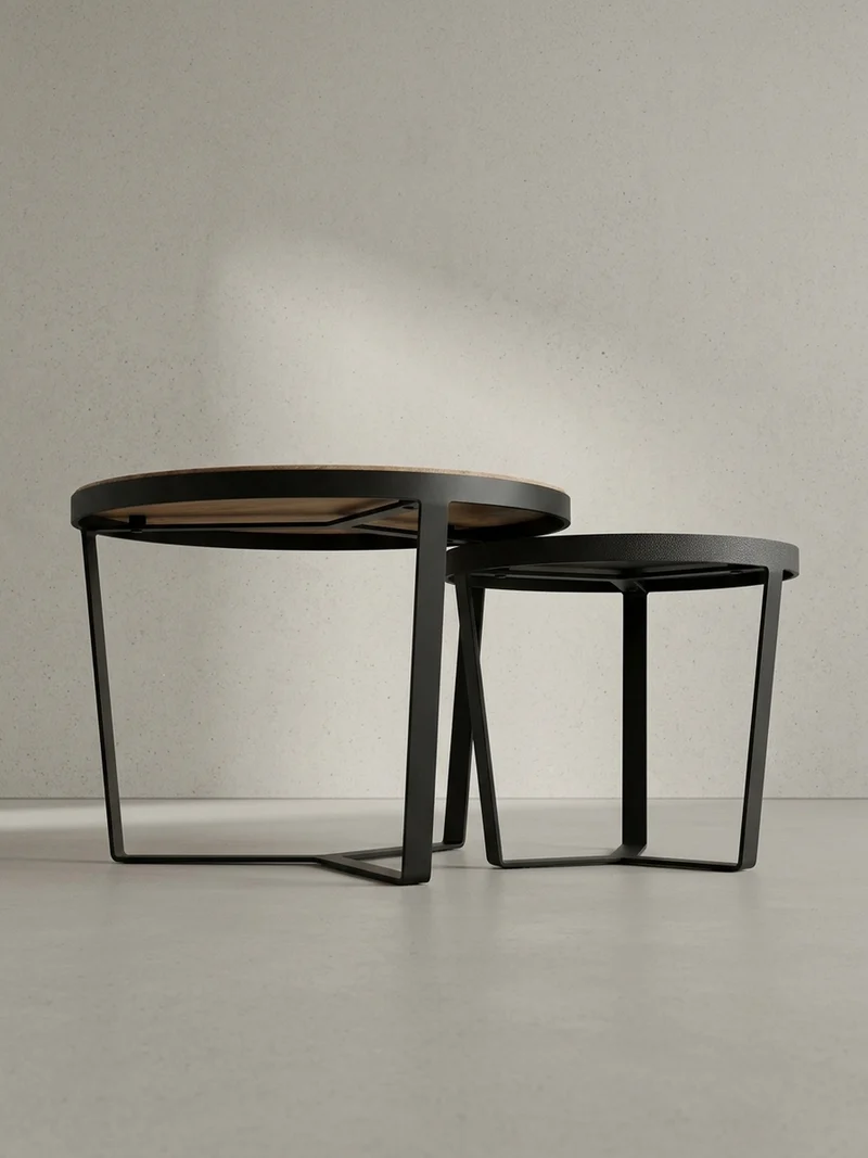 Couchtisch Set rund – Akazie Massivholz, Steinoptik, Metallgestell, Braun-Anthrazit