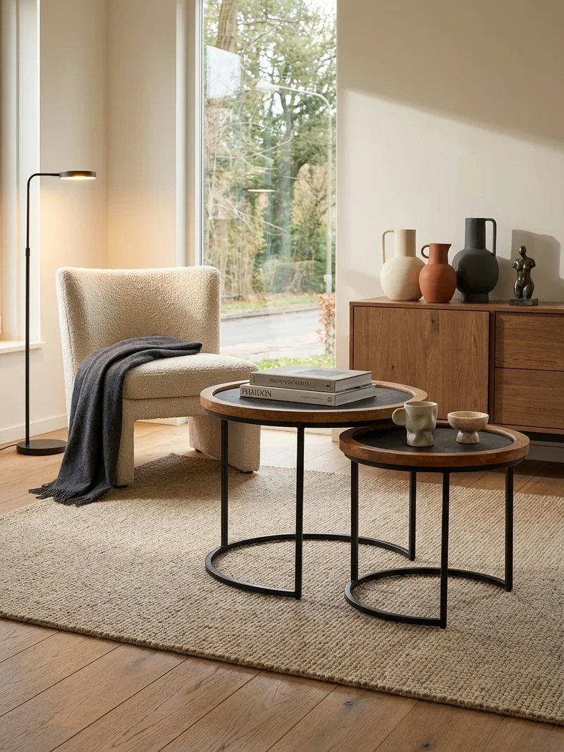Couchtisch Set – 2-teilig Rund Mango Massivholz Steinoptik Metall Braun Anthrazit