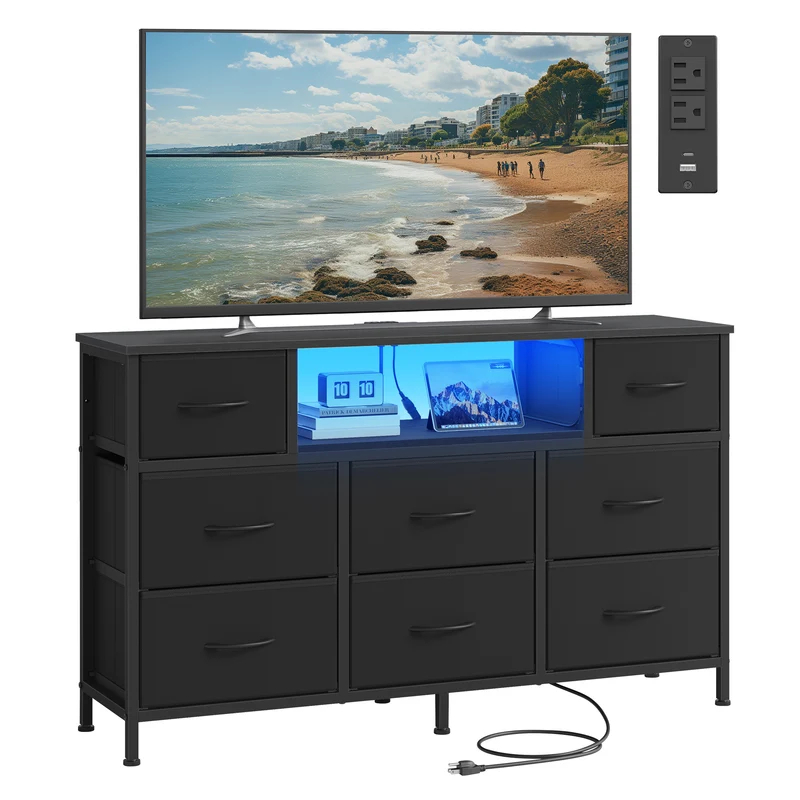 SONGMICS BELLAH Collection - Dresser for Bedroom with Outlets and LED Lights, TV Stand for TVs Up to 55 Inches, 8 Drawers, Ink Black