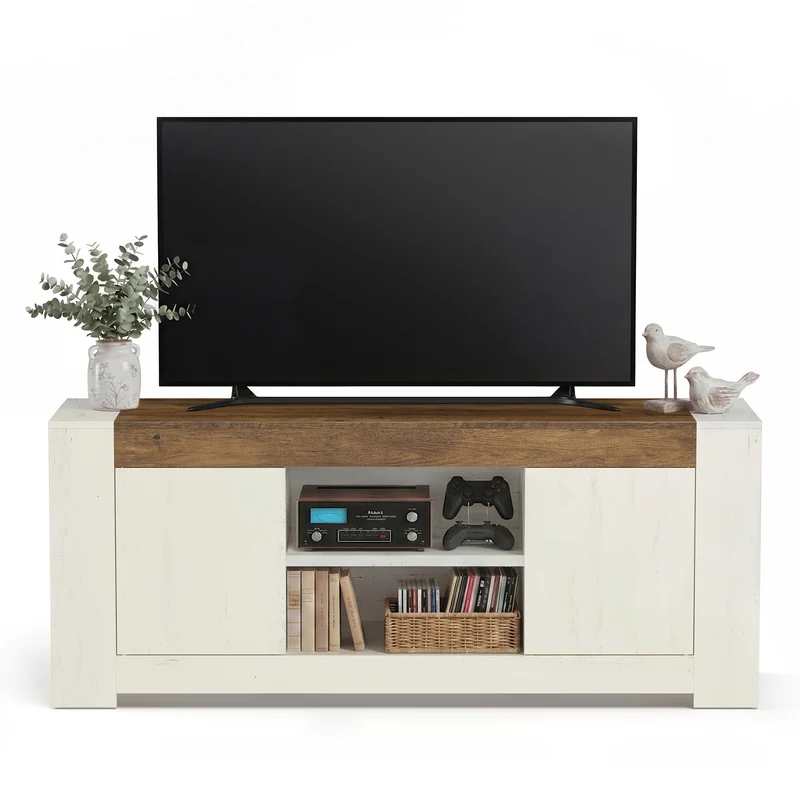 VASAGLE TV Stand, Farmhouse Entertainment Center with Storage Cabinets, Media Console Table for 65 Inch TV, Rustic White and Honey Brown