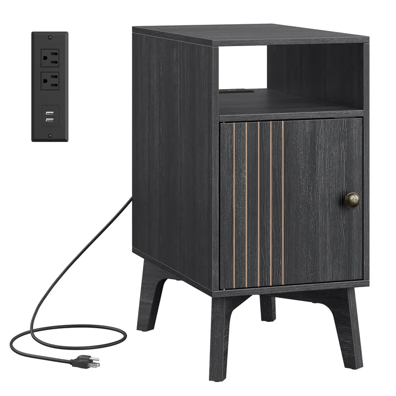 VASAGLE MAEZO Collection - End Table with Charging Station, Narrow Side Table, Nightstand with Tapered Legs, Curved Transitions, Charcoal Gray