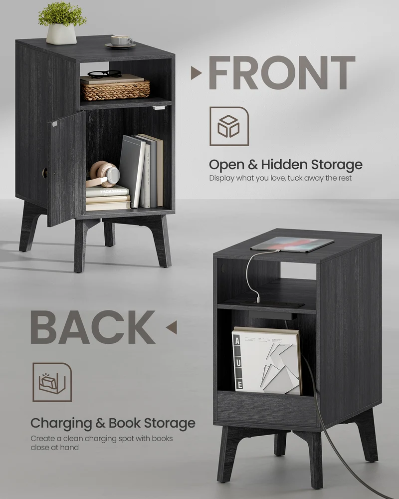 VASAGLE MAEZO Collection - End Table with Charging Station, Narrow Side Table, Nightstand with Tapered Legs, Curved Transitions, Charcoal Gray