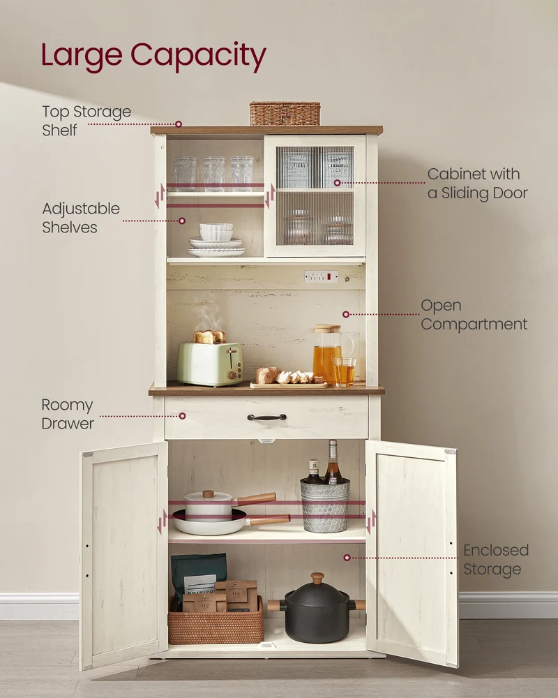 VASAGLE 71" Pantry Cabinet with Lights and Charging Station, Kitchen Pantry Cabinet,Farmhouse Storage Cabinet Rustic White