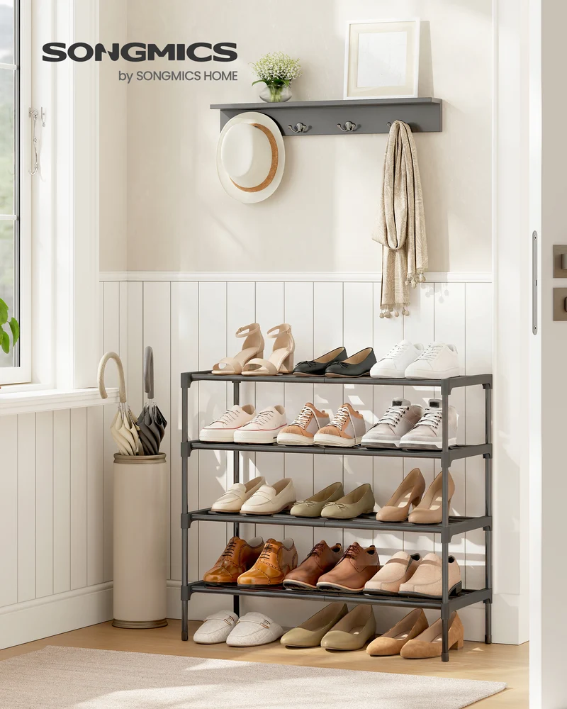 SONGMICS 4-Tier Shoe Rack for Closet, Compact Metal Shoe Organizer Shelf for Entryway, Bedroom, Small Spaces, Stackable, 11.8 x 24.5 x 26 Inches,Black