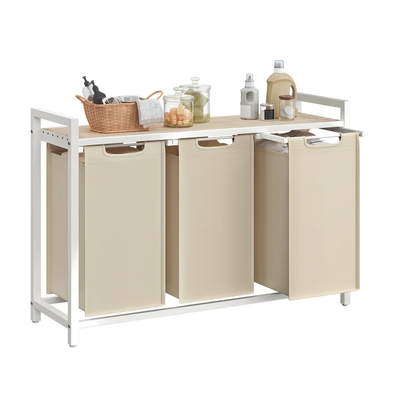 VASAGLE Laundry Hamper, Laundry Basket Sorter with 3 Pull-Out and Removable Bags, Shelf, Metal Frame, 3 x 10.6 Gallons (40 L), 36.4 x 13 x 28.4 Inches, Cappuccino Beige and Natural Beige