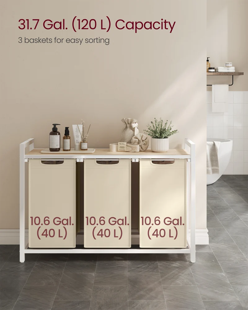VASAGLE Laundry Hamper, Laundry Basket Sorter with 3 Pull-Out and Removable Bags, Shelf, Metal Frame, 3 x 10.6 Gallons (40 L), 36.4 x 13 x 28.4 Inches, Cappuccino Beige and Natural Beige