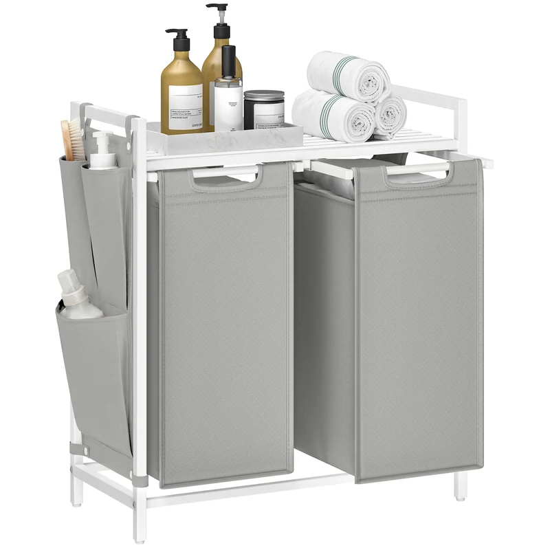 VASAGLE Laundry Hamper, Laundry Basket, Laundry Sorter with 2 Pull-Out and Removable Bags, Shelf, Metal Frame, 2 x 12.1 Gallons (46L), 28.7 x 13 x 28.3 Inches, Grey and White