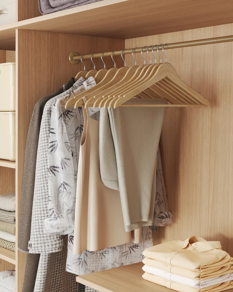 20-Pack Solid Birch Wood Hangers with 360¡ã Swivel Hooks & Pants Bar, Space-Saving Closet Organizers, Natural Beige