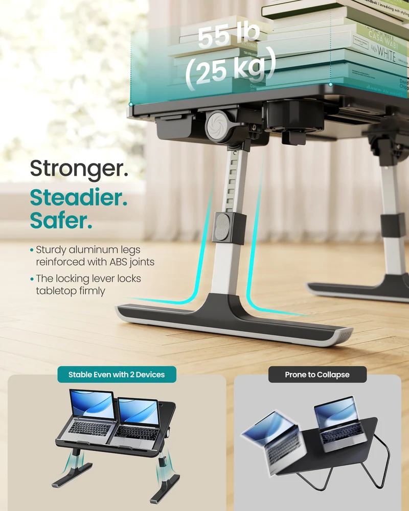 SONGMICS Bed Laptop Desk, Foldable Bed Desk for Laptop, 120° Stepless Tilt, Adjustable Height, Cup Holder, Tray, Ink Black
